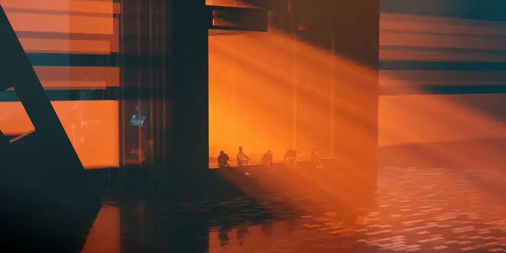 Stylized atmospheric game environment with volumetric lighting